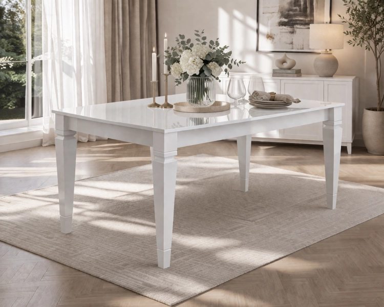 Stół glamour DIAMOND nowoczesny elegancki, biały wysoki połysk, rozkładany