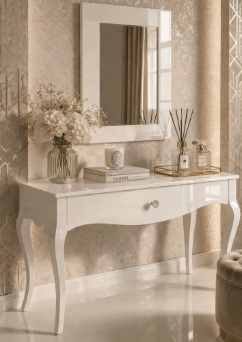 Toaletka glamour klasyczna GAVA 88 cm, gięte nogi, biały wysoki połysk