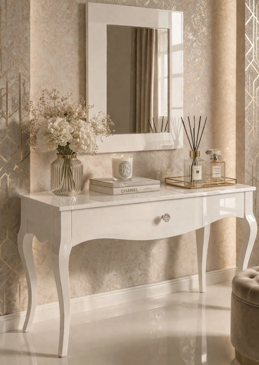 Toaletka glamour klasyczna GAVA 88 cm, gięte nogi, biały wysoki połysk