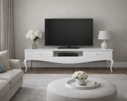 Stolik RTV glamour MERANO 150 cm, nowoczesny, luksusowy, gięte nogi, biały wysoki połysk