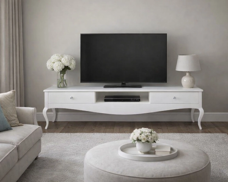 Stolik RTV glamour MERANO 150 cm, nowoczesny, luksusowy, gięte nogi, biały wysoki połysk