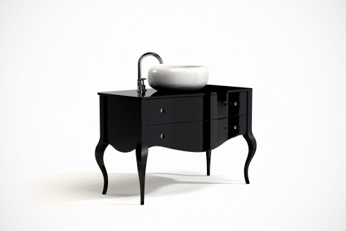 Komoda łazienkowa TIVOLI z umywalką, czarna, wysoki połysk, gięte fronty