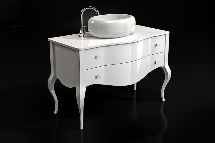 Komoda łazienkowa TIVOLI z umywalką, biała, wysoki połysk, gięte fronty