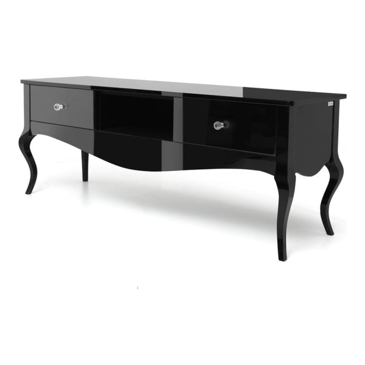 Stolik RTV glamour MERANO 200 cm, nowoczesny, luksusowy, gięte nogi, czarny wysoki połysk