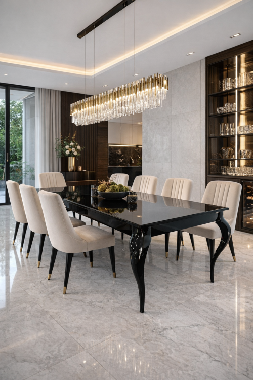 Stół glamour SIENA 160 cm, gięte nogi, rozkładany, czarny wysoki połysk