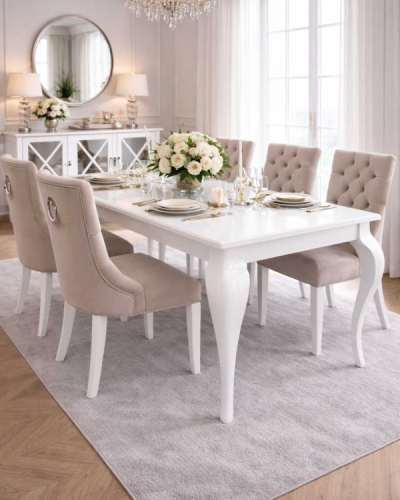 Stół glamour SIENA 160 cm, gięte nogi, rozkładany, biały wysoki połysk