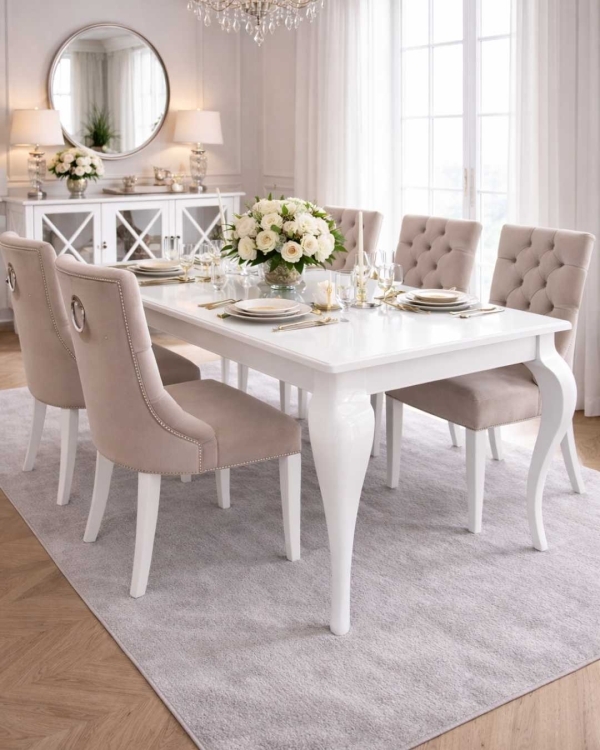 Stół glamour SIENA 160 cm, gięte nogi, rozkładany, biały wysoki połysk