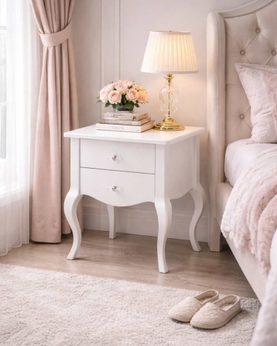 Stolik nocny glamour luksusowy BRESSO 52 cm, do sypialni, gięte nogi, biały wysoki połysk