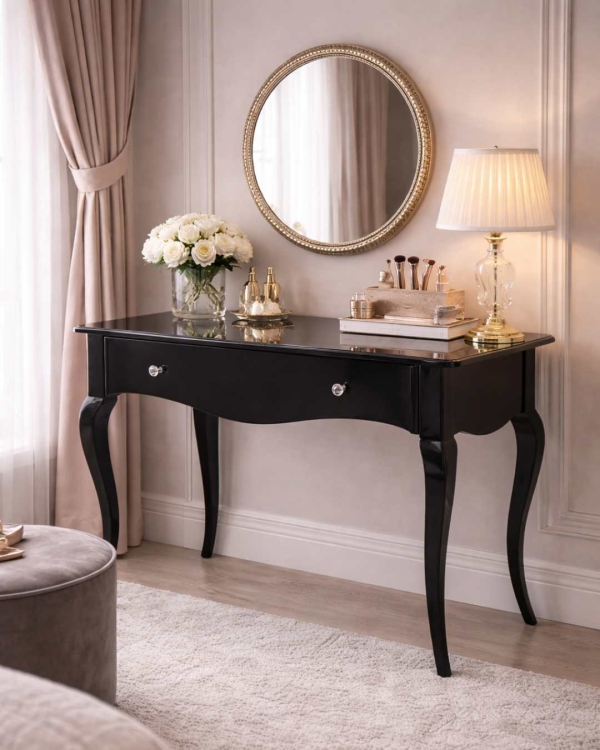 Konsola glamour klasyczna GAVA 88 cm, gięte nogi, czarny wysoki połysk