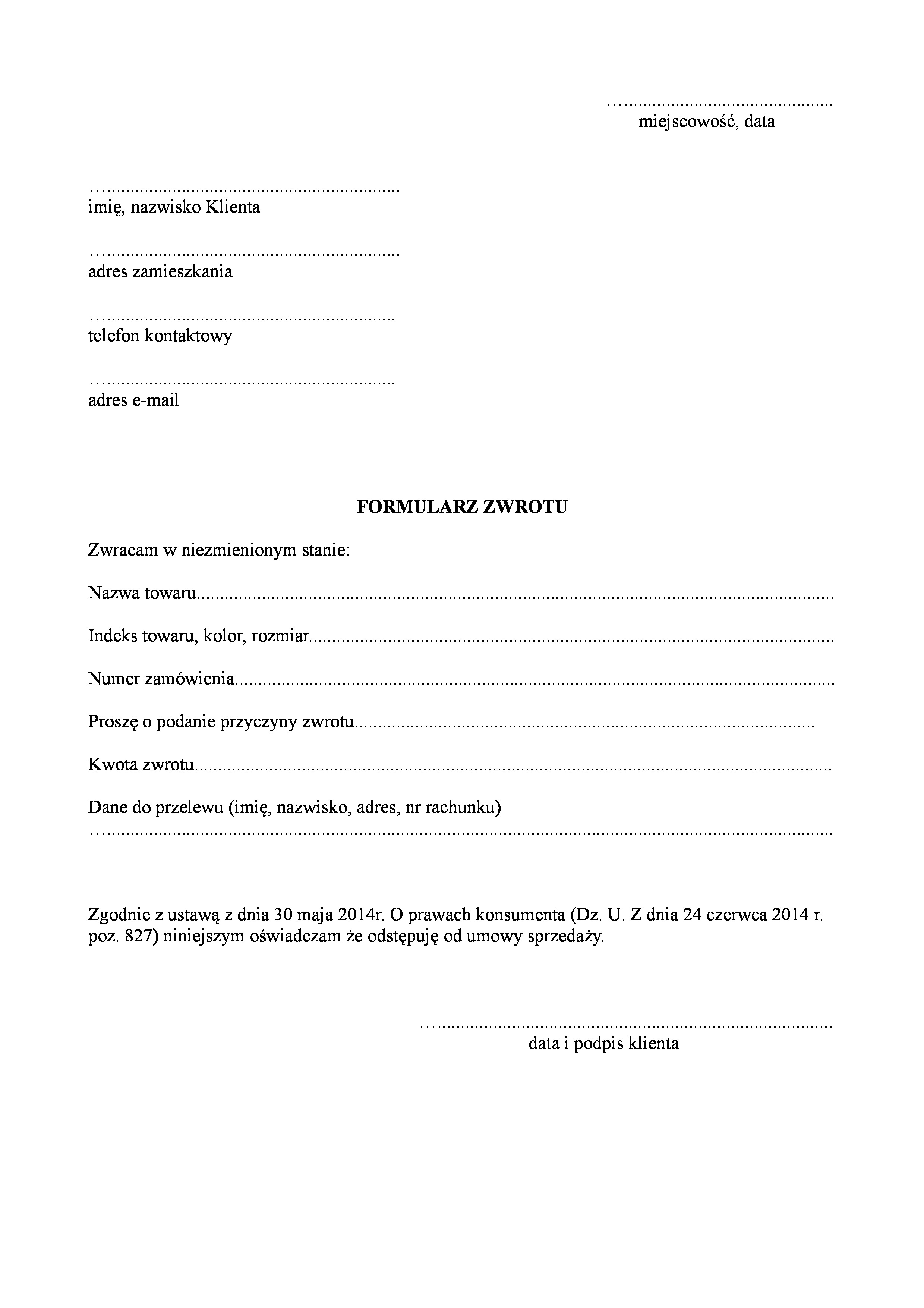 Formularz zwrotu
